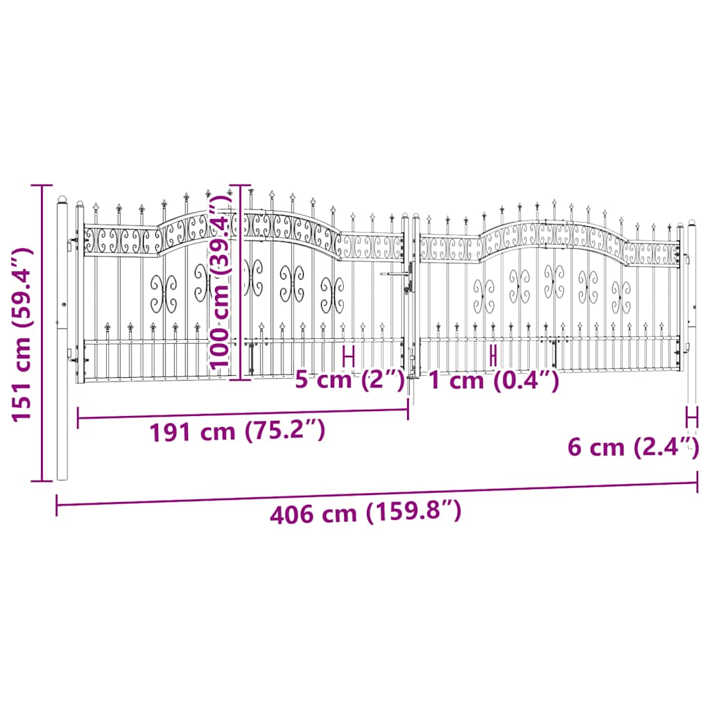 Gjerdeport med spydtopp svart 406x100 cm pulverlakkert stål