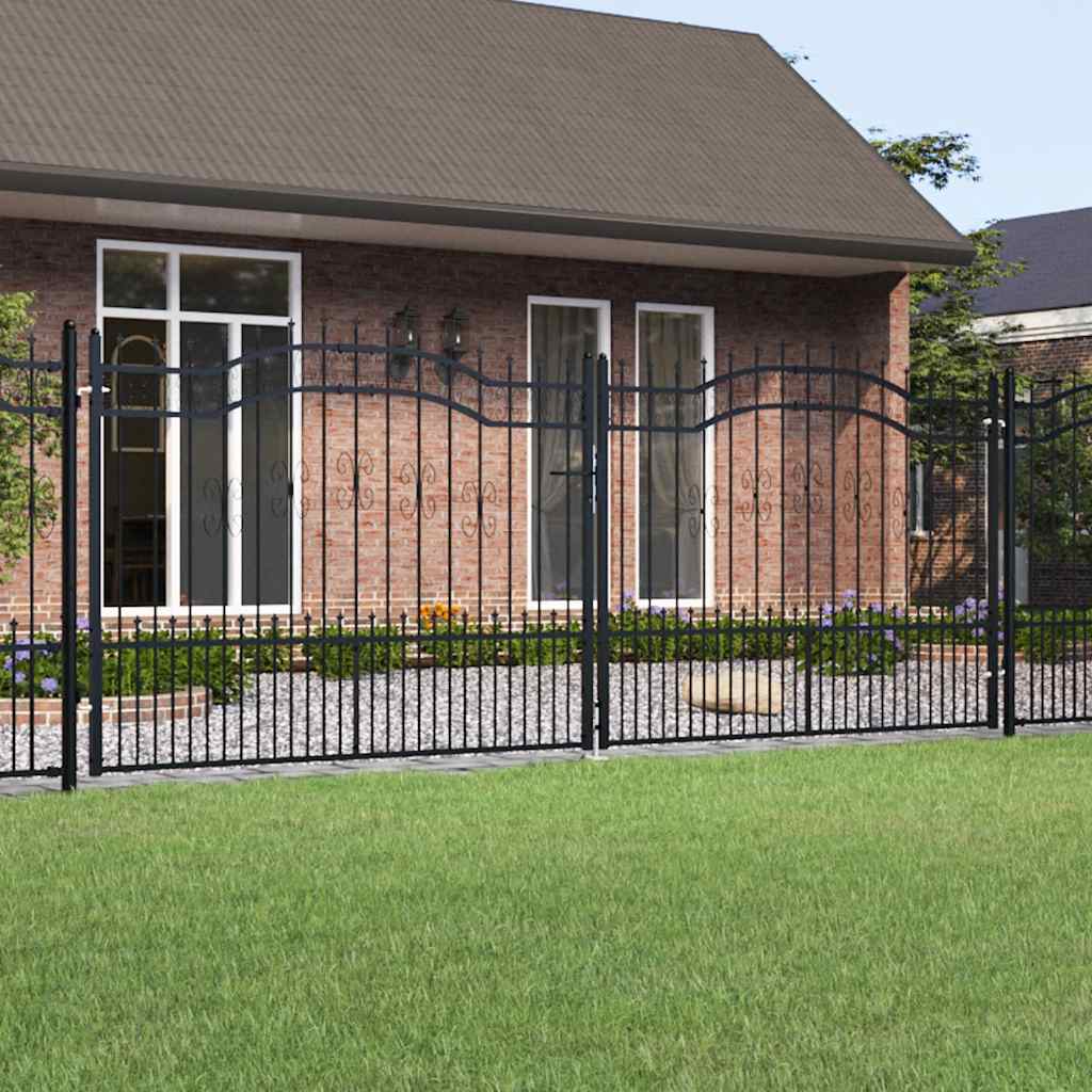 Gjerdeport med spydtopp svart 406x150 cm pulverlakkert stål