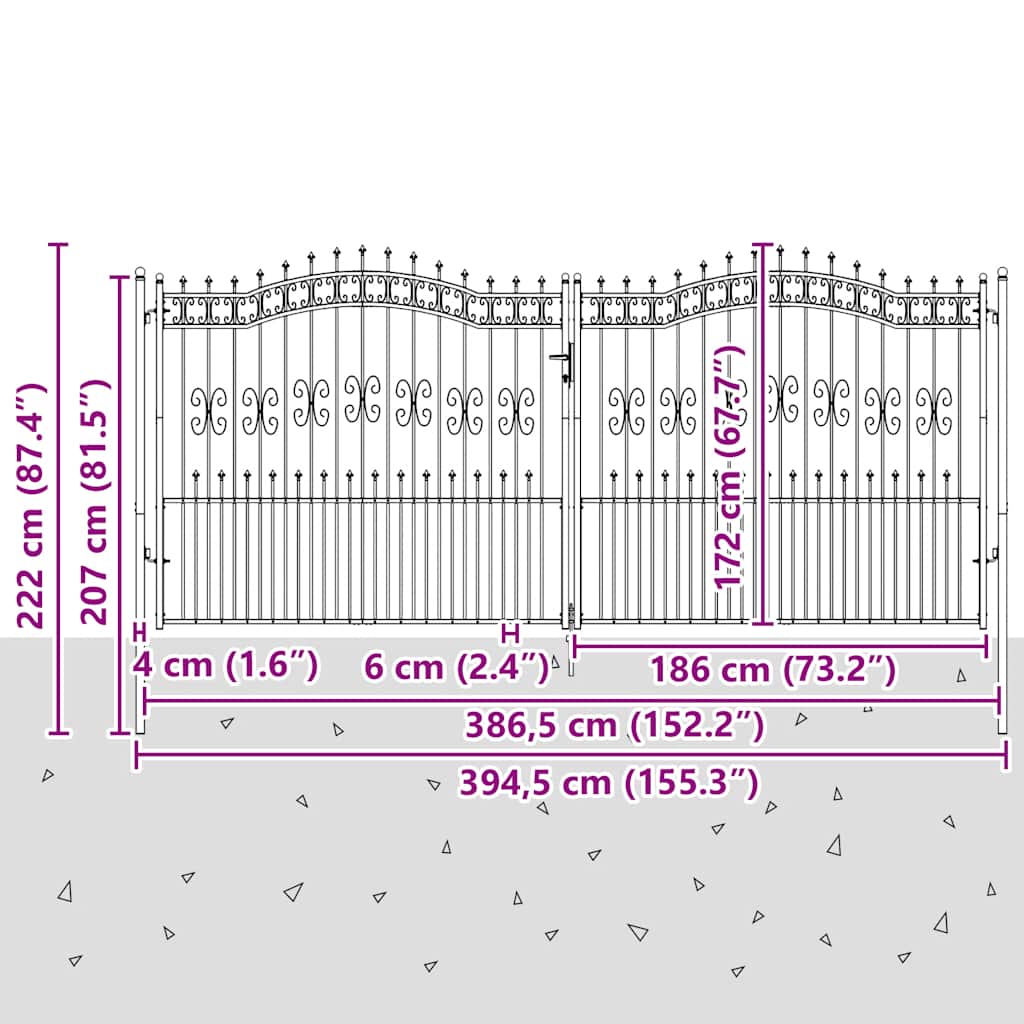 Gjerdeport KAMPEN med spydtopp svart 394,5x172 cm stål