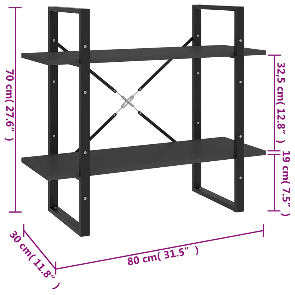 Bokhylle 2 nivåer grå 80x30x70 cm konstruert tre