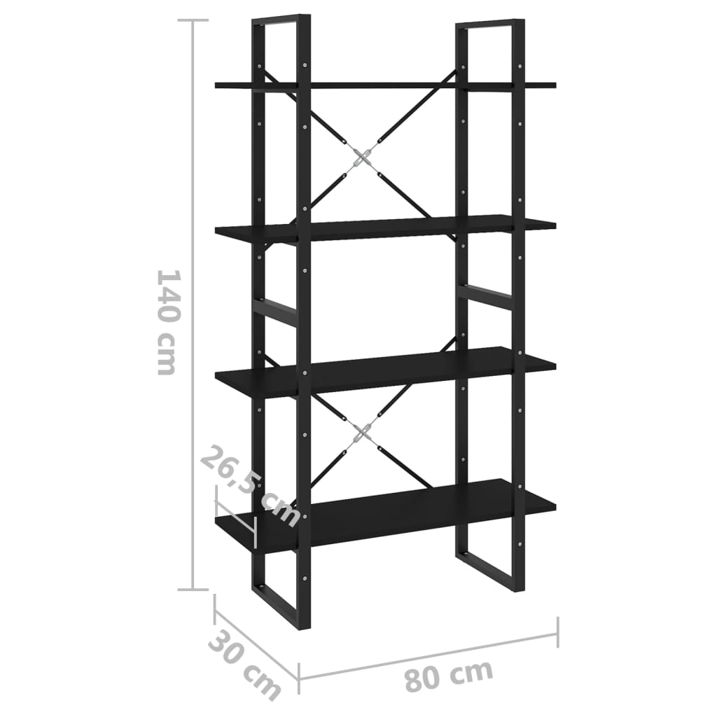 Bokhylle 4 nivåer svart 80x30x140 cm konstruert tre