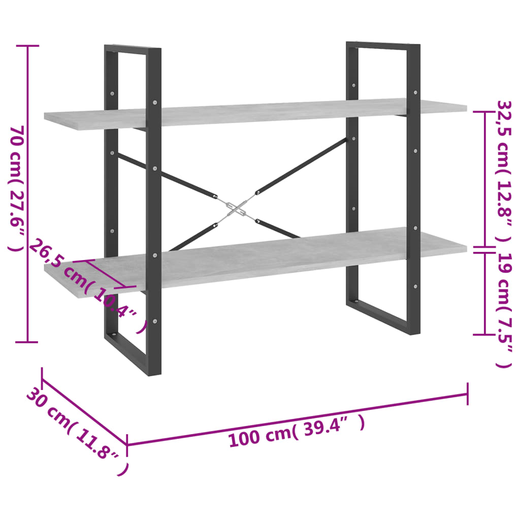Bokhylle 2 nivåer betonggrå 100x30x70 cm konstruert tre