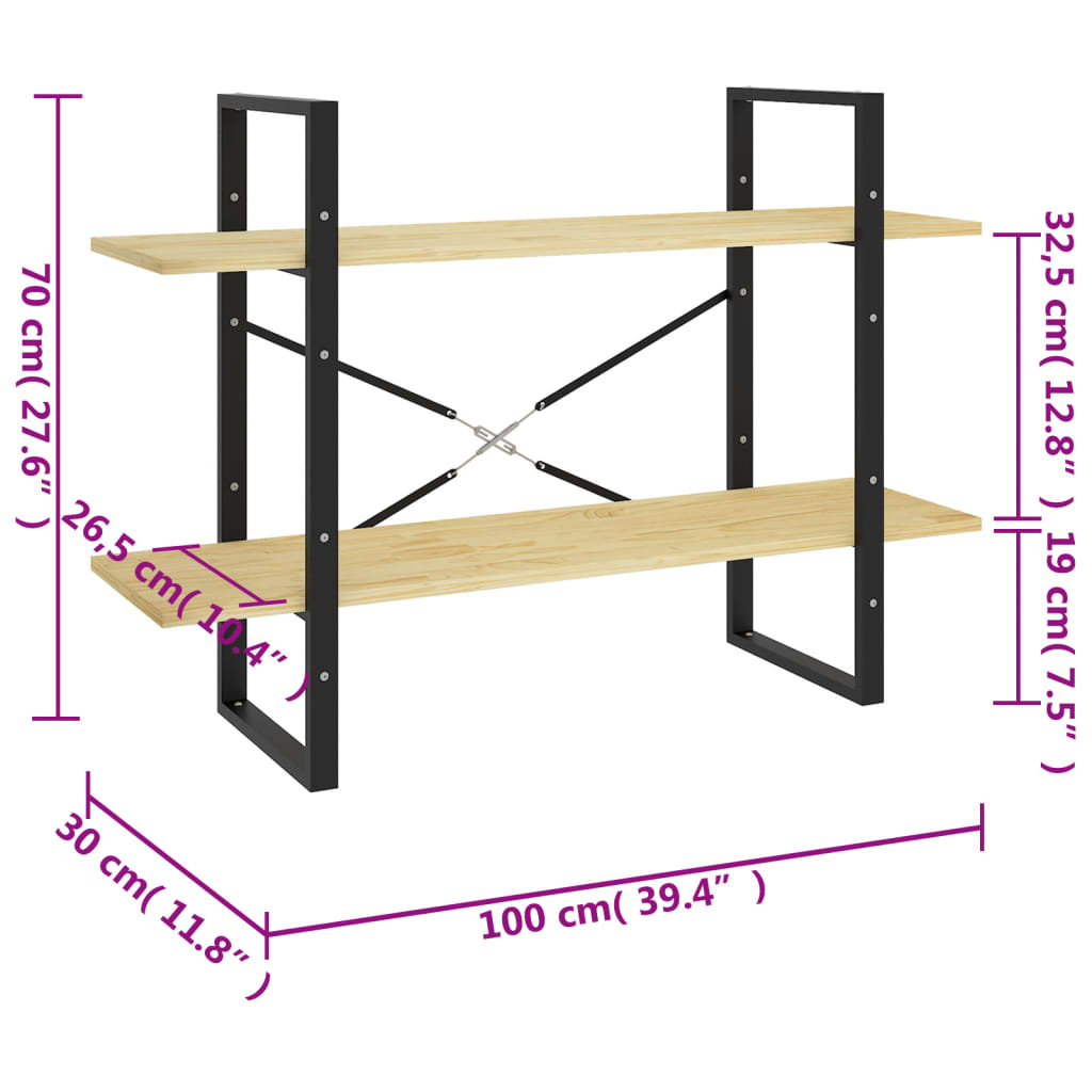 Bokhylle 2 nivåer 100x30x70 cm heltre furu