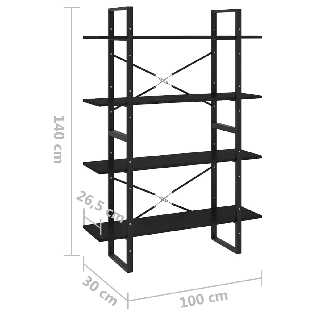 Bokhylle 4 nivåer svart 100x30x140 cm heltre furu