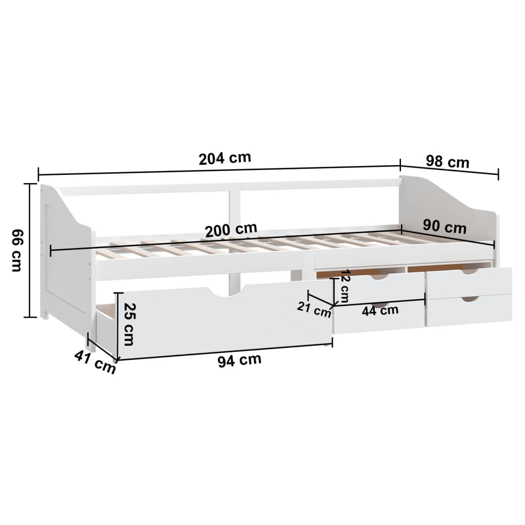 Sengeramme 3 seter med skuffer heltre furu 90x200 cm hvit