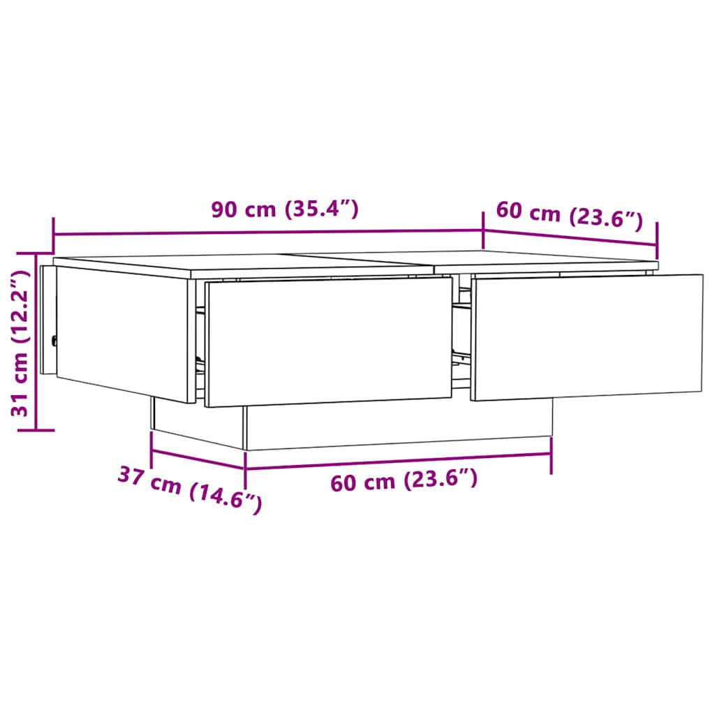 Salongbord sonoma eik 90x60x31 cm konstruert tre