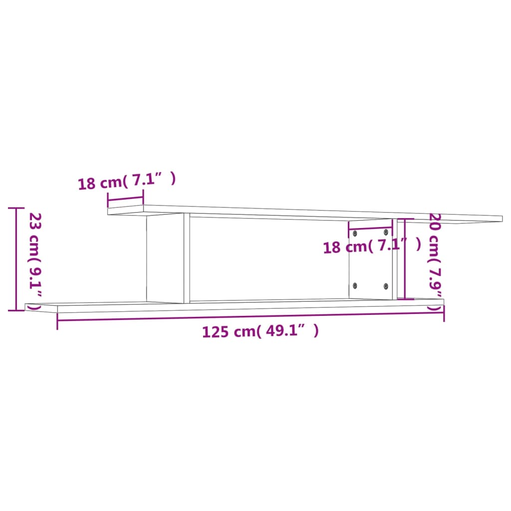 Veggmontert TV-hylle sonoma eik 125x18x23 cm sponplate