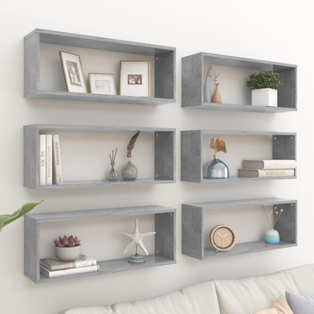 Vegghyller kubeformet 6 stk betonggrå 60x15x23cm konstruert tre