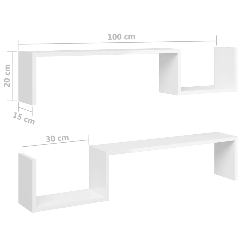 Vegghyller 2 stk høyglans hvit 100x15x20 cm sponplate