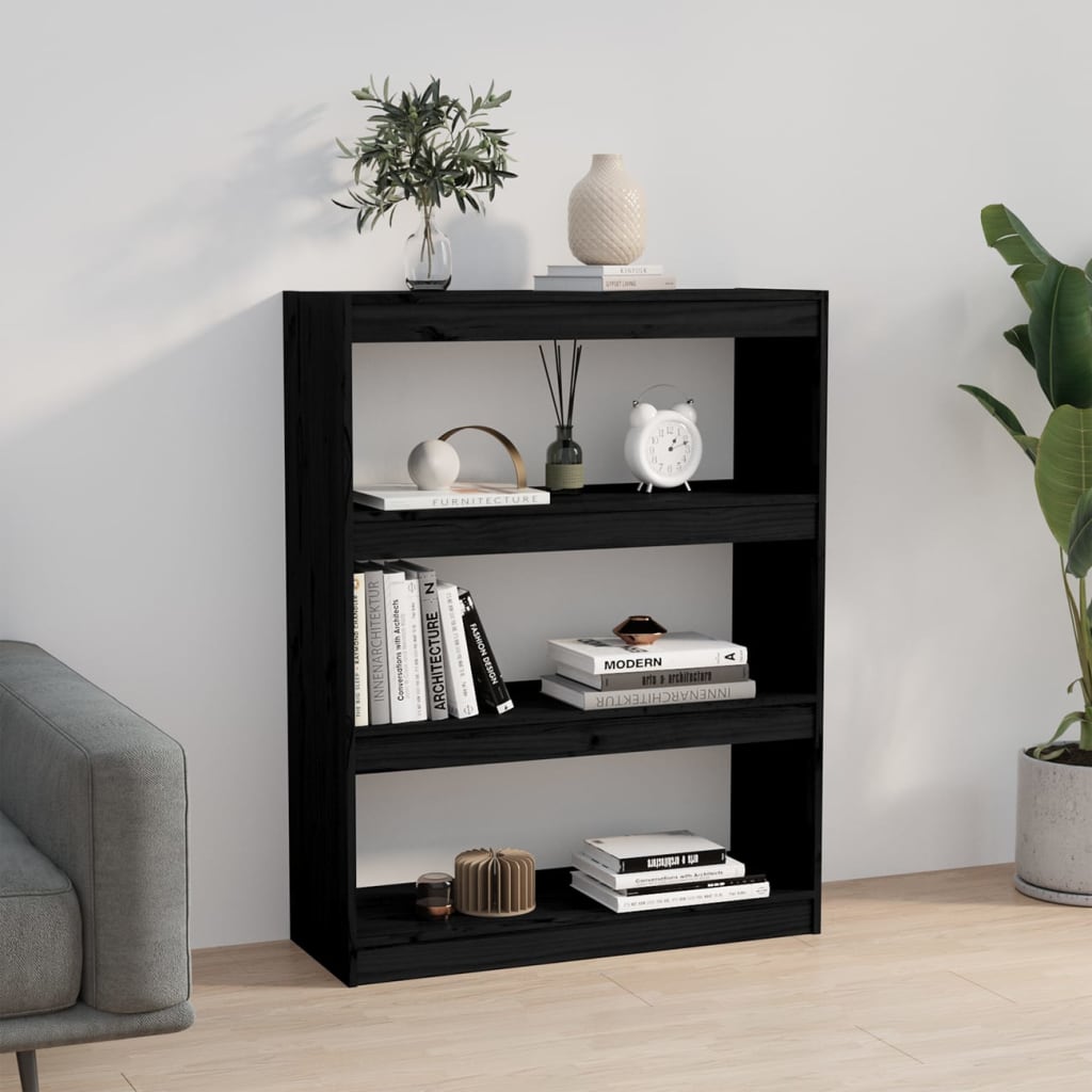 Bokhylle/romdeler svart 80x30x103,5 cm heltre furu