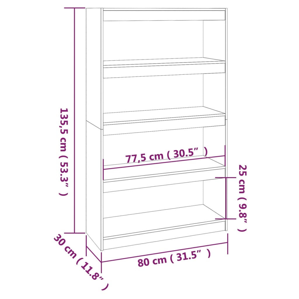Bokhylle/romdeler honningbrun 80x30x135,5 cm heltre furu