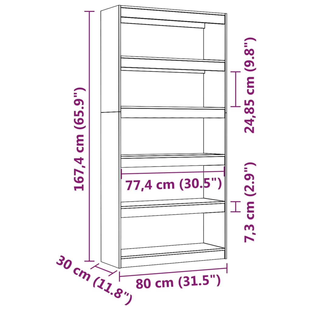 Bokhylle/romdeler hvit 80x30x167,4 cm heltre furu