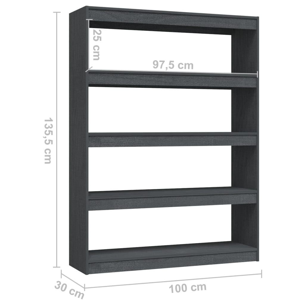 Bokhylle/romdeler grå 100x30x135,5 cm heltre furu