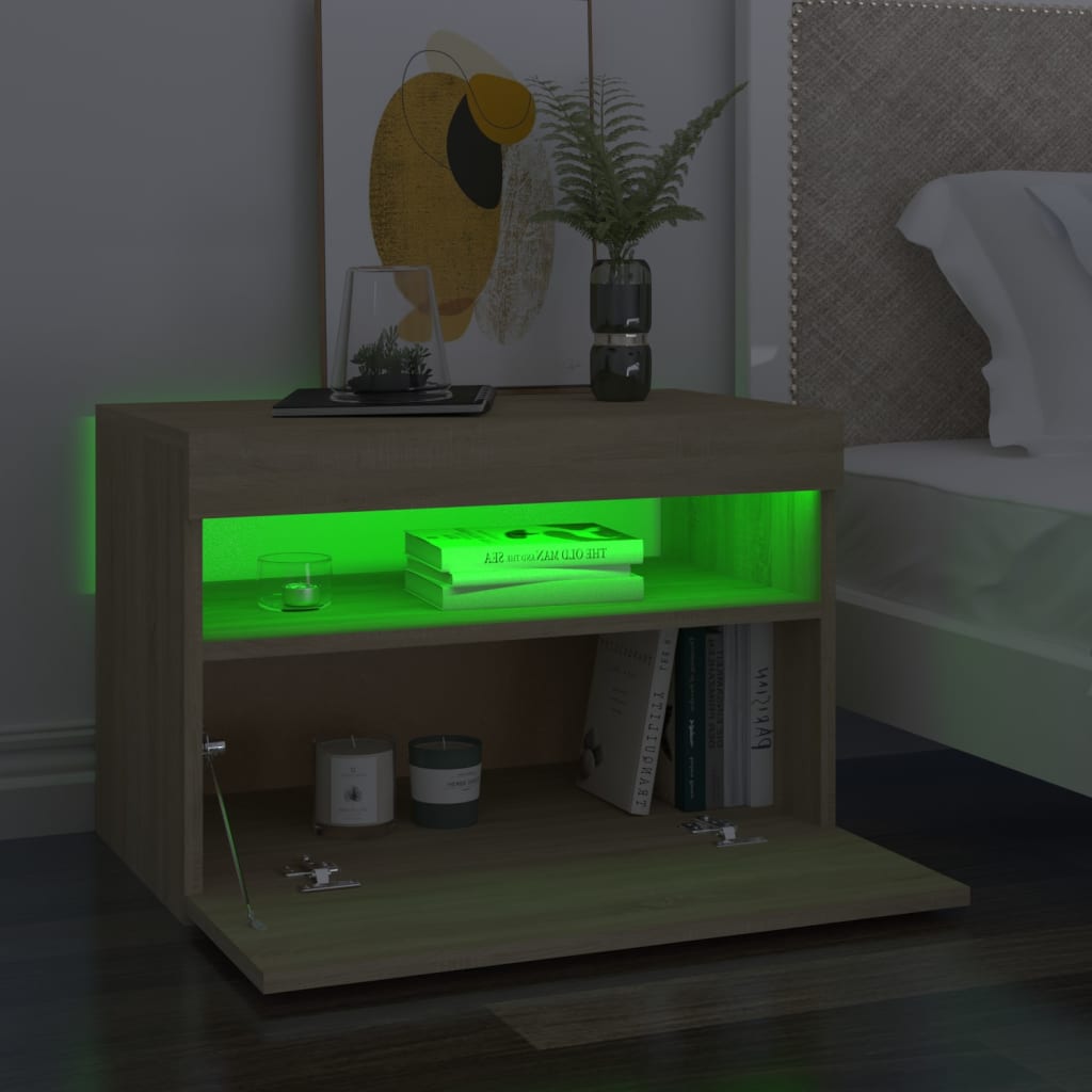 Nattbord med LED-lys sonoma eik 60x35x40 cm konstruert tre