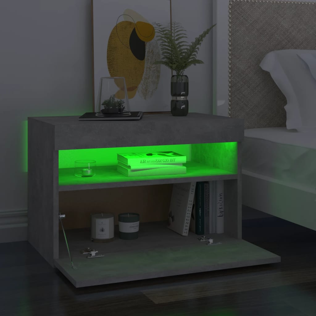 Nattbord & LED-lys betonggrå 60x35x40 cm