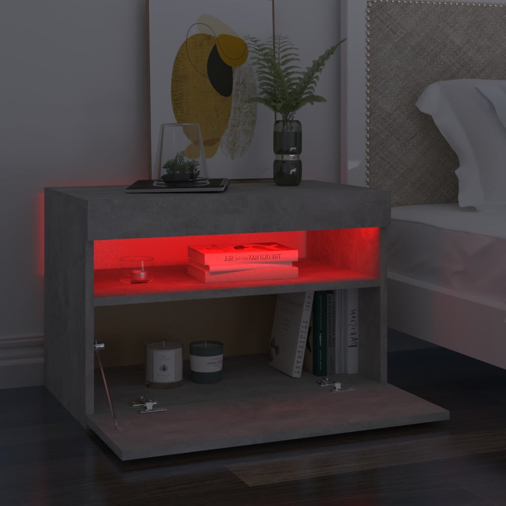 Nattbord & LED-lys betonggrå 60x35x40 cm