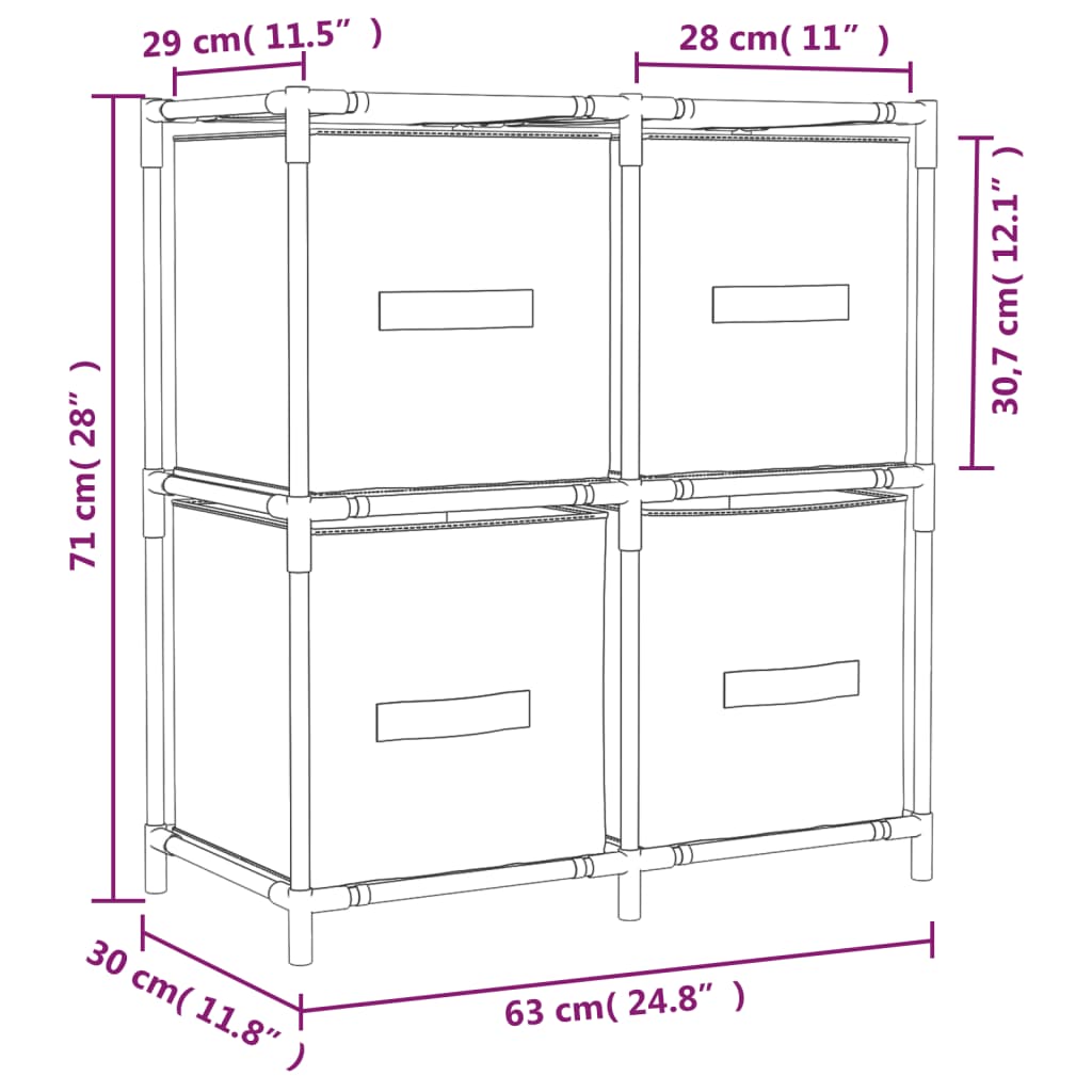 Oppbevaringsskap med 4 stoffkurver kremhvit 63x30x71 cm stål