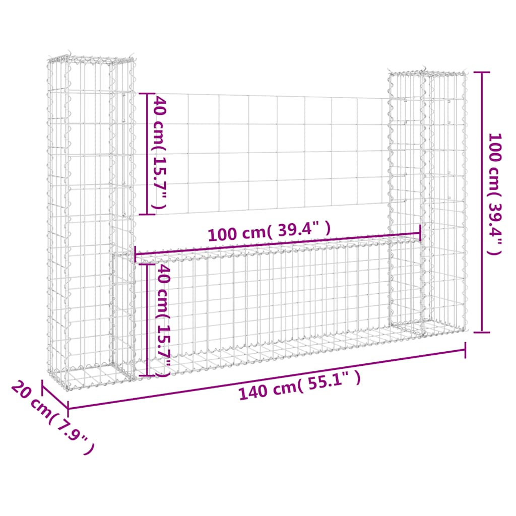 Gabionkurv u-formet med 2 stolper jern 140x20x100 cm vidaXL