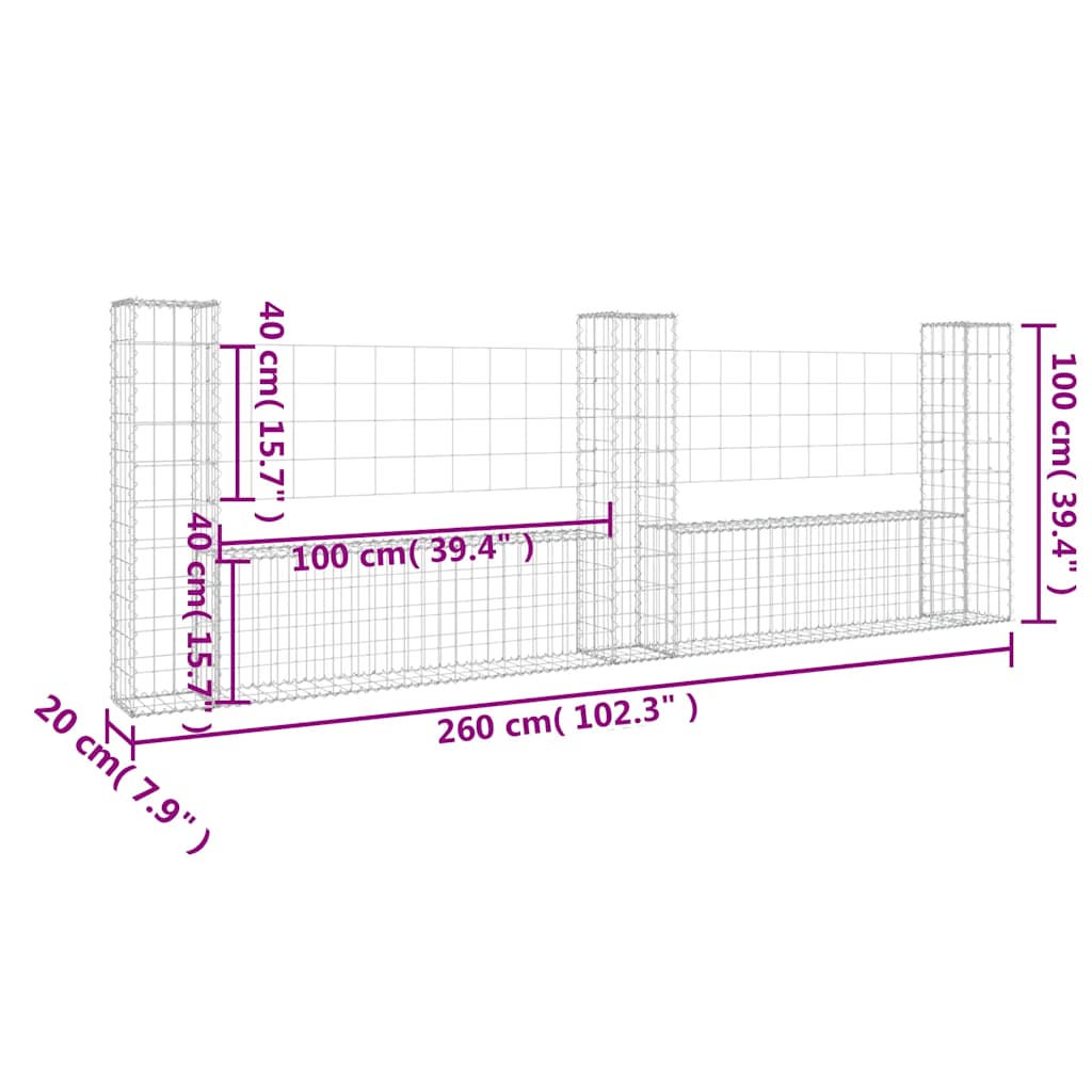 Gabionkurv u-formet med 3 stolper jern 260x20x100 cm vidaXL