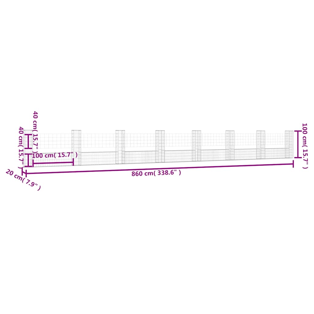 Gabionkurv u-formet med 8 stolper jern 860x20x100 cm vidaXL