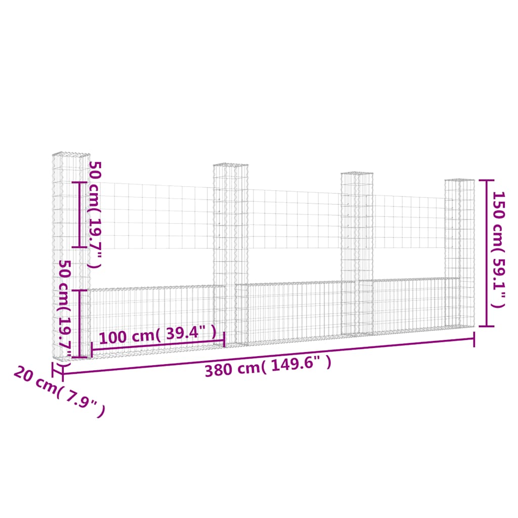 Gabionkurv u-formet med 4 stolper 380x20x150 cm jern vidaXL