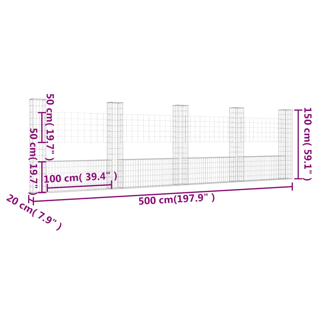 Gabionkurv u-formet med 5 stolper 500x20x150 cm jern vidaXL