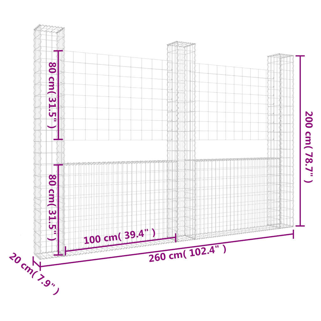 Gabionkurv u-formet med 3 stolper jern 260x20x200 cm vidaXL