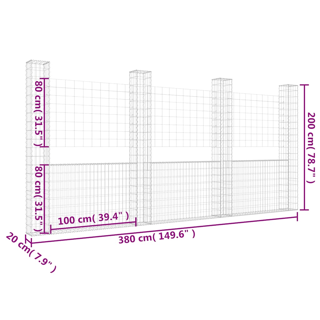 Gabionkurv u-formet med 4 stolper jern 380x20x200 cm vidaXL