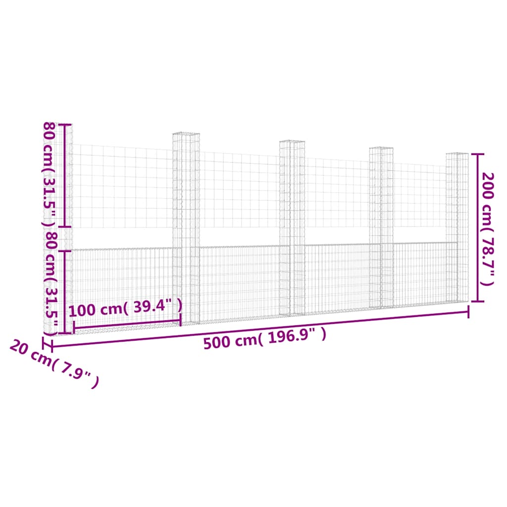 Gabionkurv u-formet med 5 stolper jern 500x20x200 cm