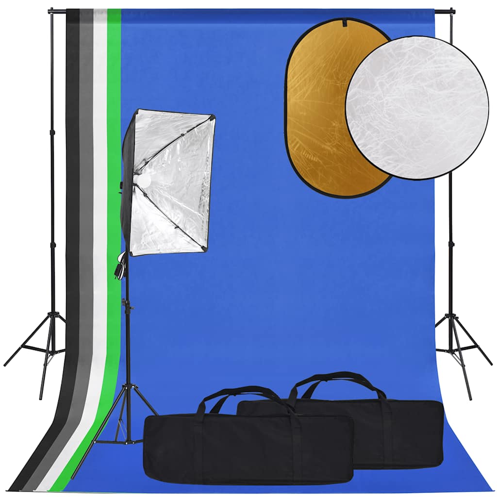 Fotostudiosett med softbokslys, bakgrunn og reflektor