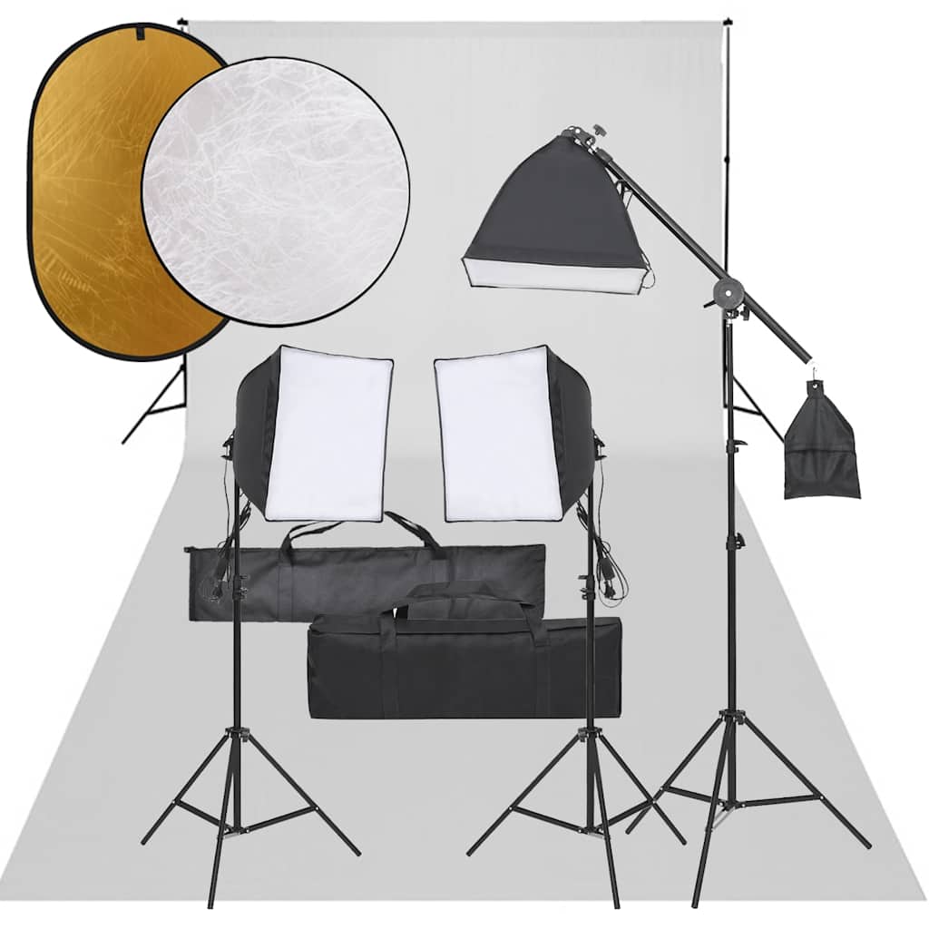 Fotostudiosett med lyssett, bakgrunn og reflektor