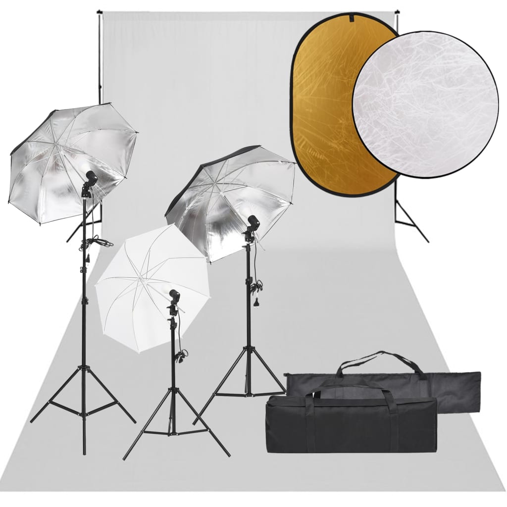 Fotostudiosett med lyssett, bakgrunn og reflektor