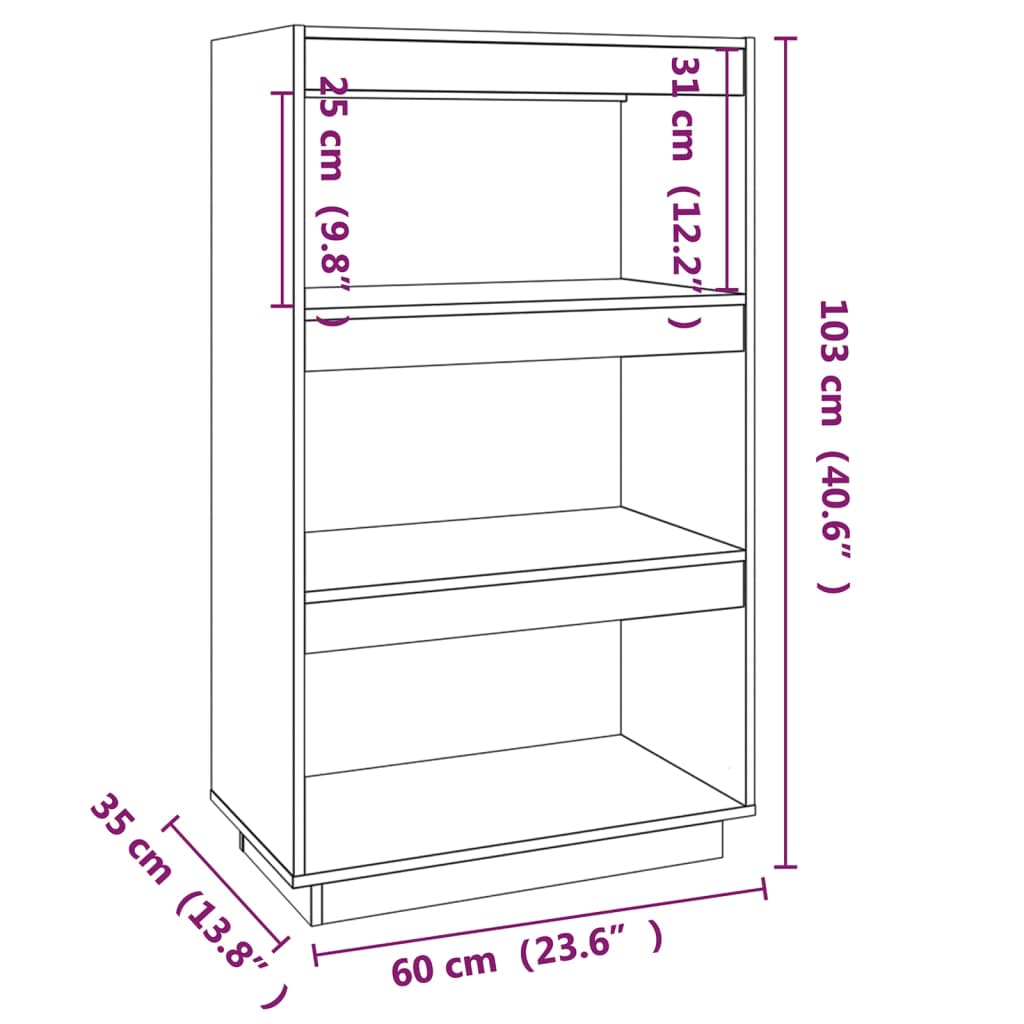 Bokhylle/romdeler hvit 60x35x103 cm heltre furu
