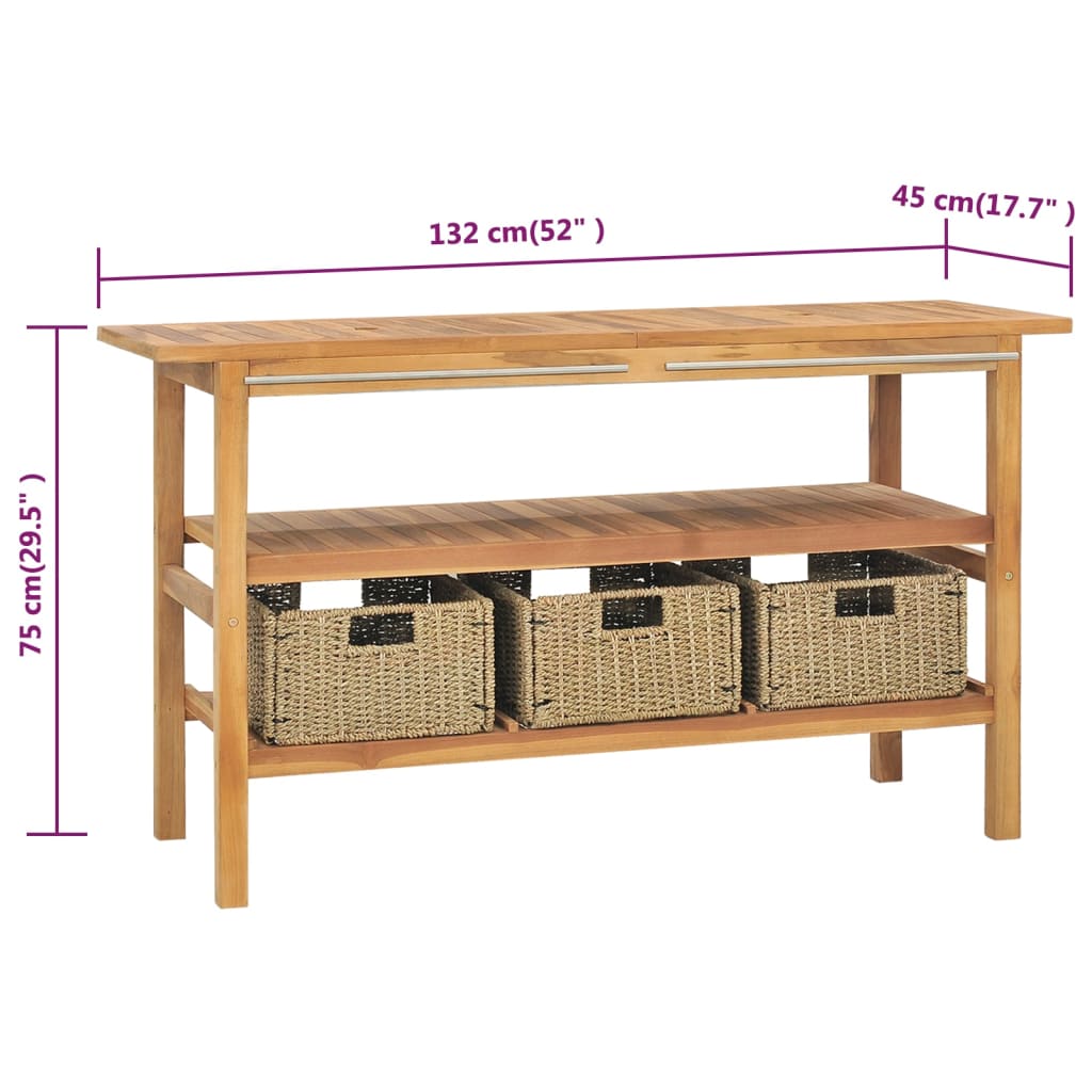 Servantskap for bad med 3 kurver heltre teak 132x45x75 cm