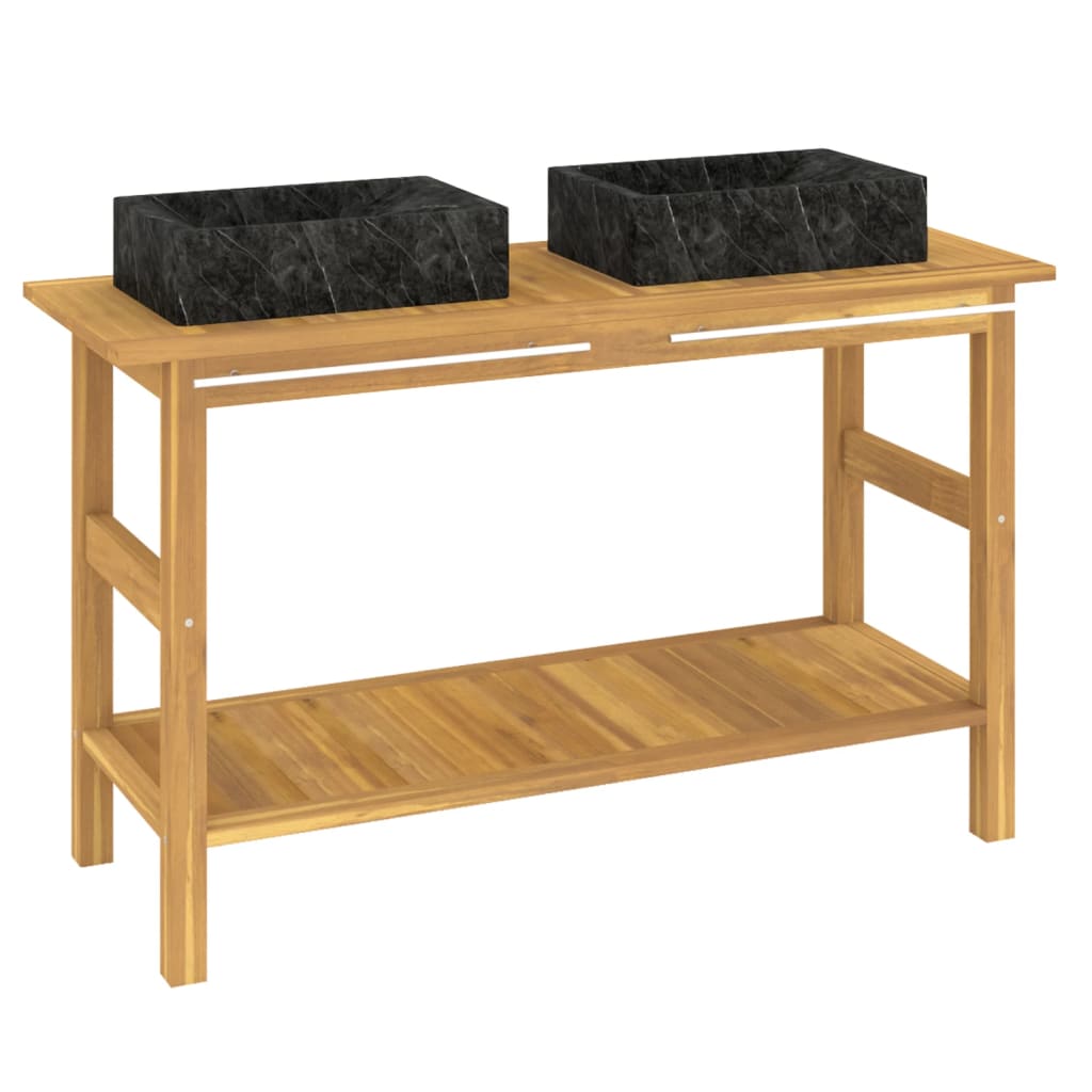 Baderomshylle med svarte marmorvasker heltre teak