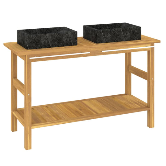Baderomshylle med svarte marmorvasker heltre teak