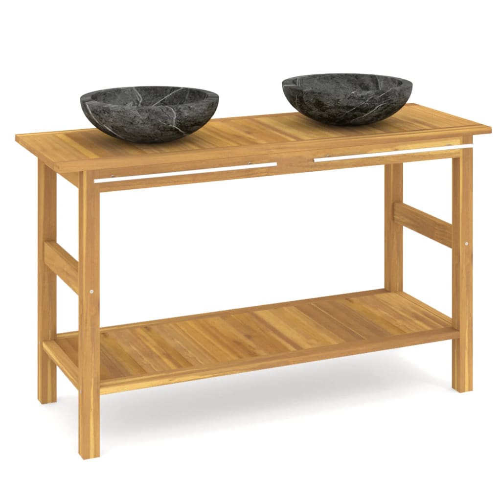 Baderomshylle med svarte marmorvasker heltre teak
