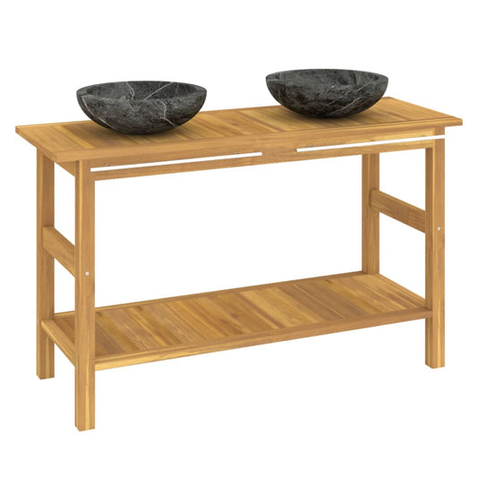 Baderomshylle med svarte marmorvasker heltre teak