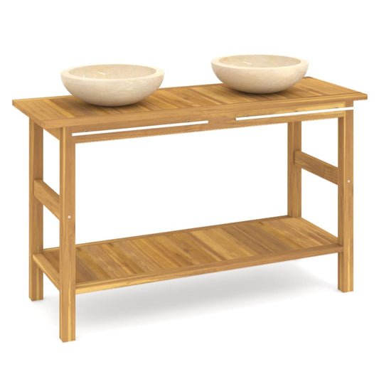 Baderomshylle med kremhvite marmorvasker heltre teak
