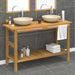 Baderomshylle med kremhvite marmorvasker heltre teak