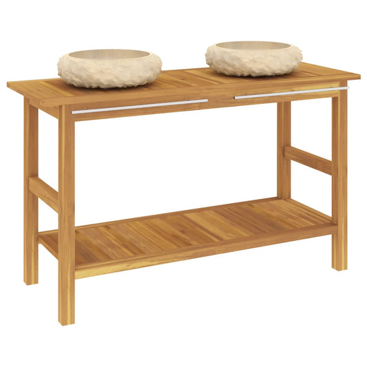 Baderomshylle med kremhvite marmorvasker heltre teak