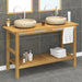 Baderomshylle med kremhvite marmorvasker heltre teak