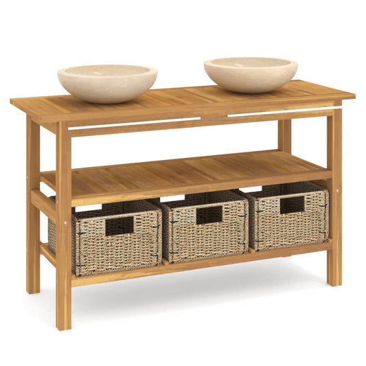 Baderomshylle med kremhvite marmorvasker heltre teak