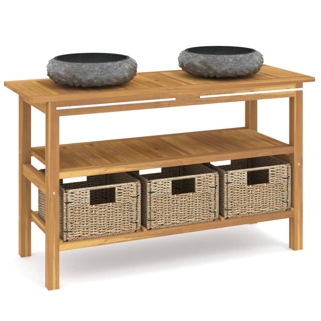 Baderomshylle med svarte marmorvasker heltre teak