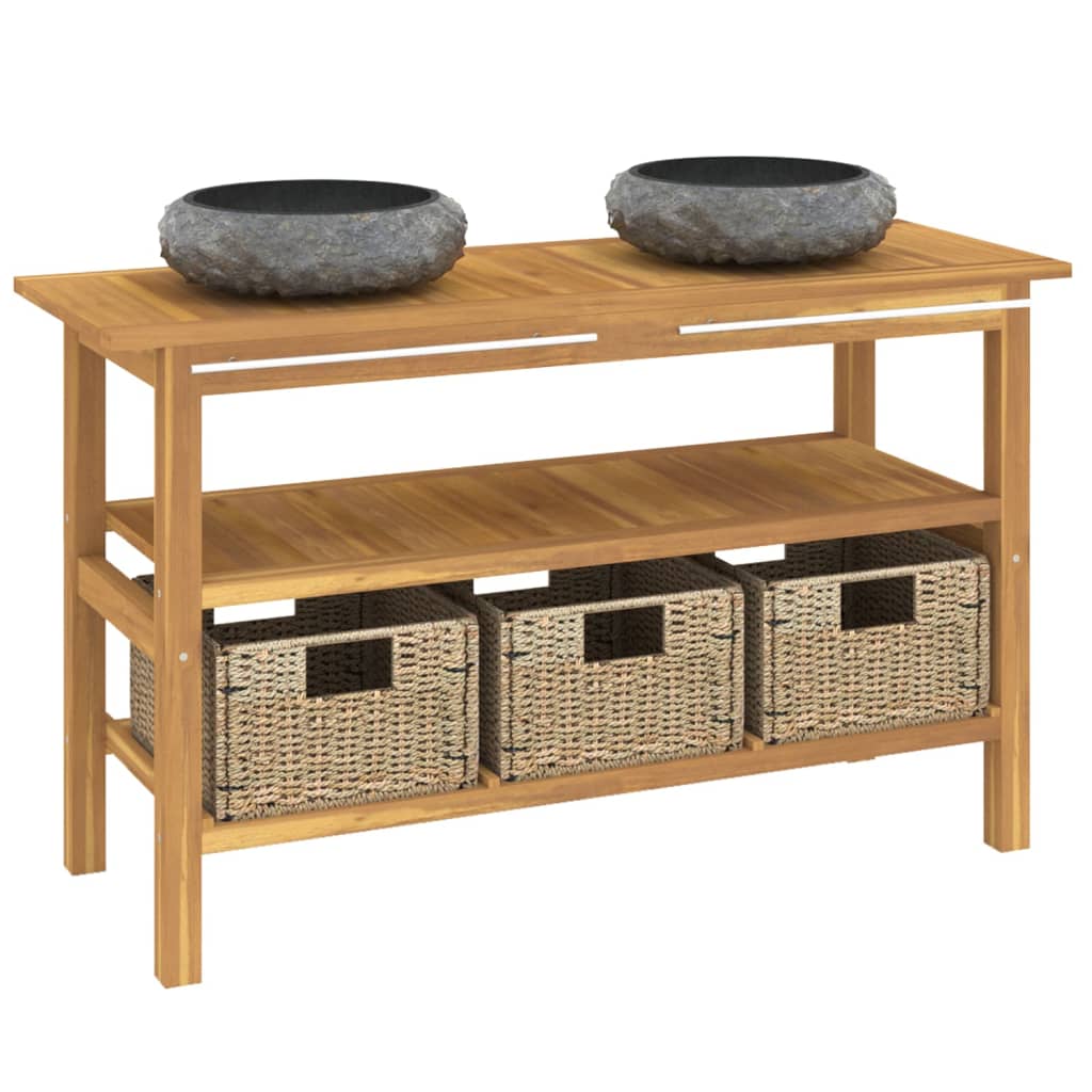 Baderomshylle med svarte marmorvasker heltre teak