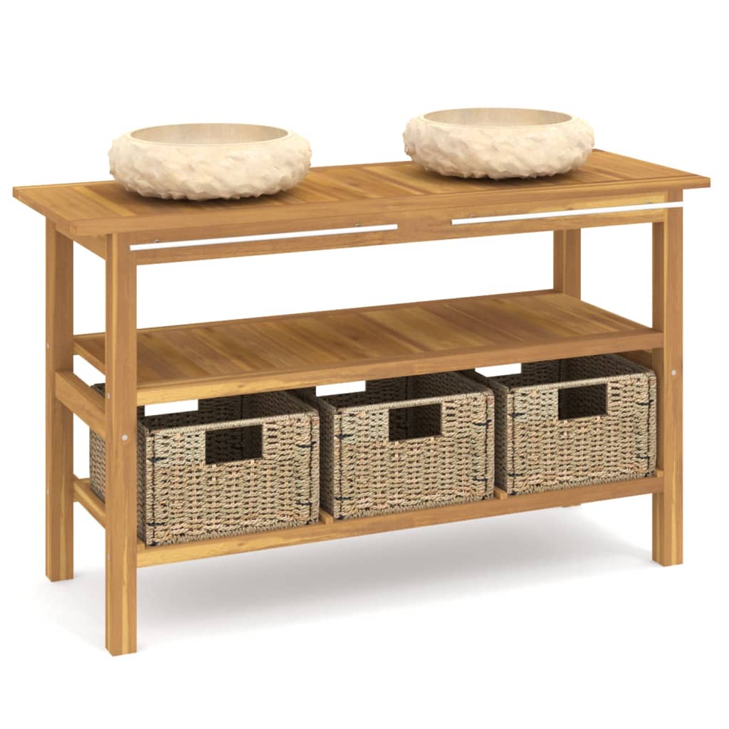 Baderomshylle med kremhvite marmorvasker heltre teak