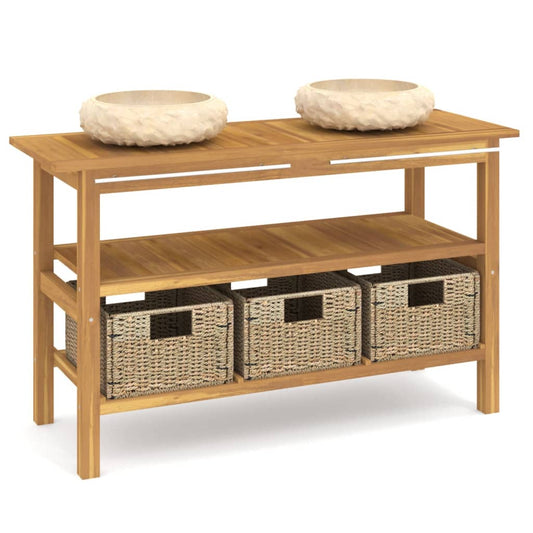 Baderomshylle med kremhvite marmorvasker heltre teak
