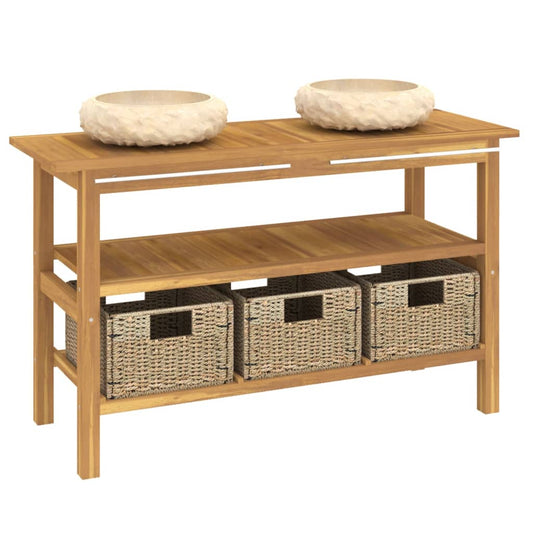 Baderomshylle med kremhvite marmorvasker heltre teak
