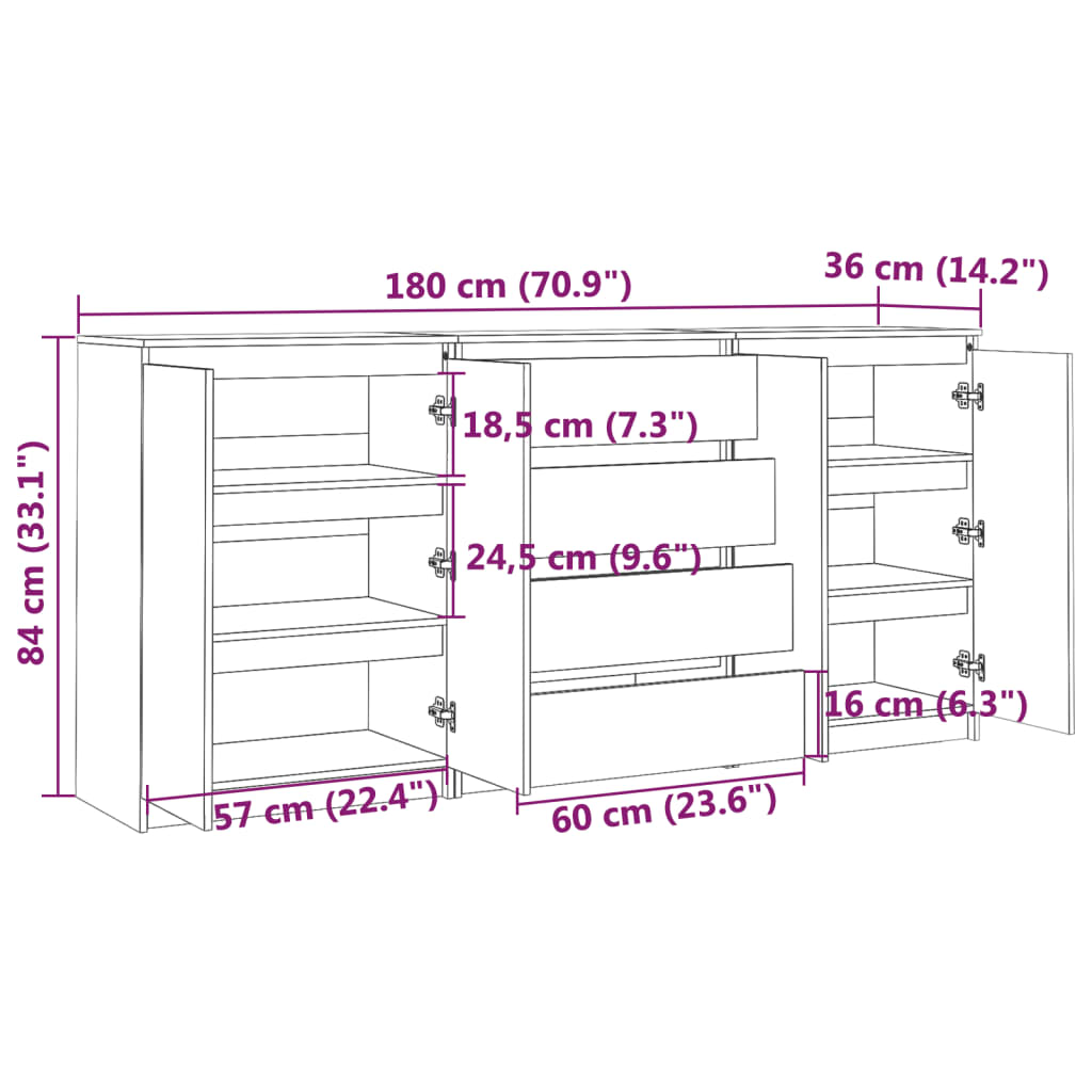 Sideskap 3 stk heltre furu