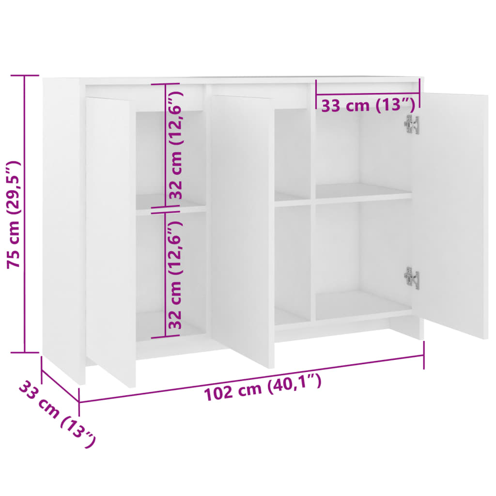Skjenk hvit 102x33x75 cm konstruert tre vidaXL